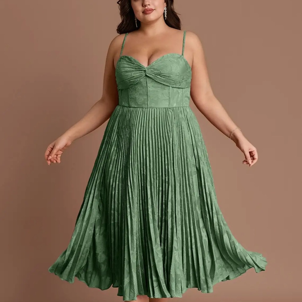 Azazie “Annie” Green Eucalyptus Midi Dress with Pleats